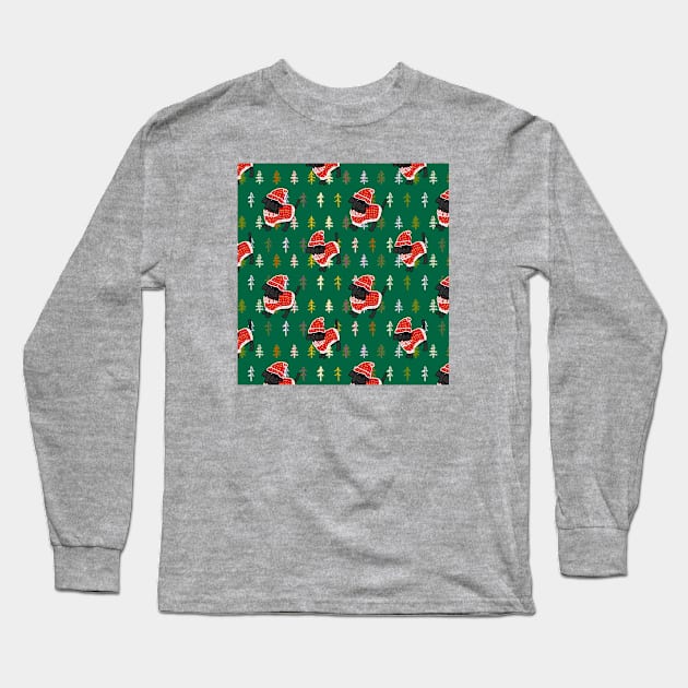 Cute Dog in Christmas Tree Winter Sweater and Red Hat Pattern Long Sleeve T-Shirt by ellenhenryart